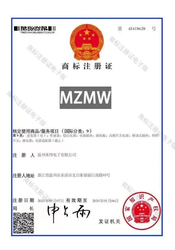 MZMW Trademark certificate (No. 45418628)